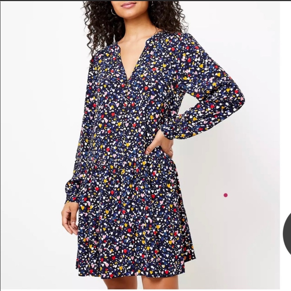LOFT Navy Floral V‑Neck Long Sleeve Dress